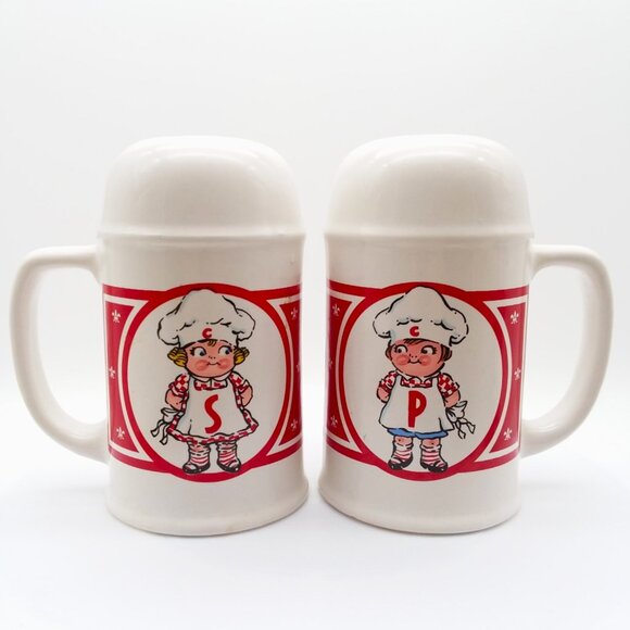 Salt Pepper Shakers Campbell's Soup Kids Set Handles Large VTG Twins Retro Large - Picture 1 of 7